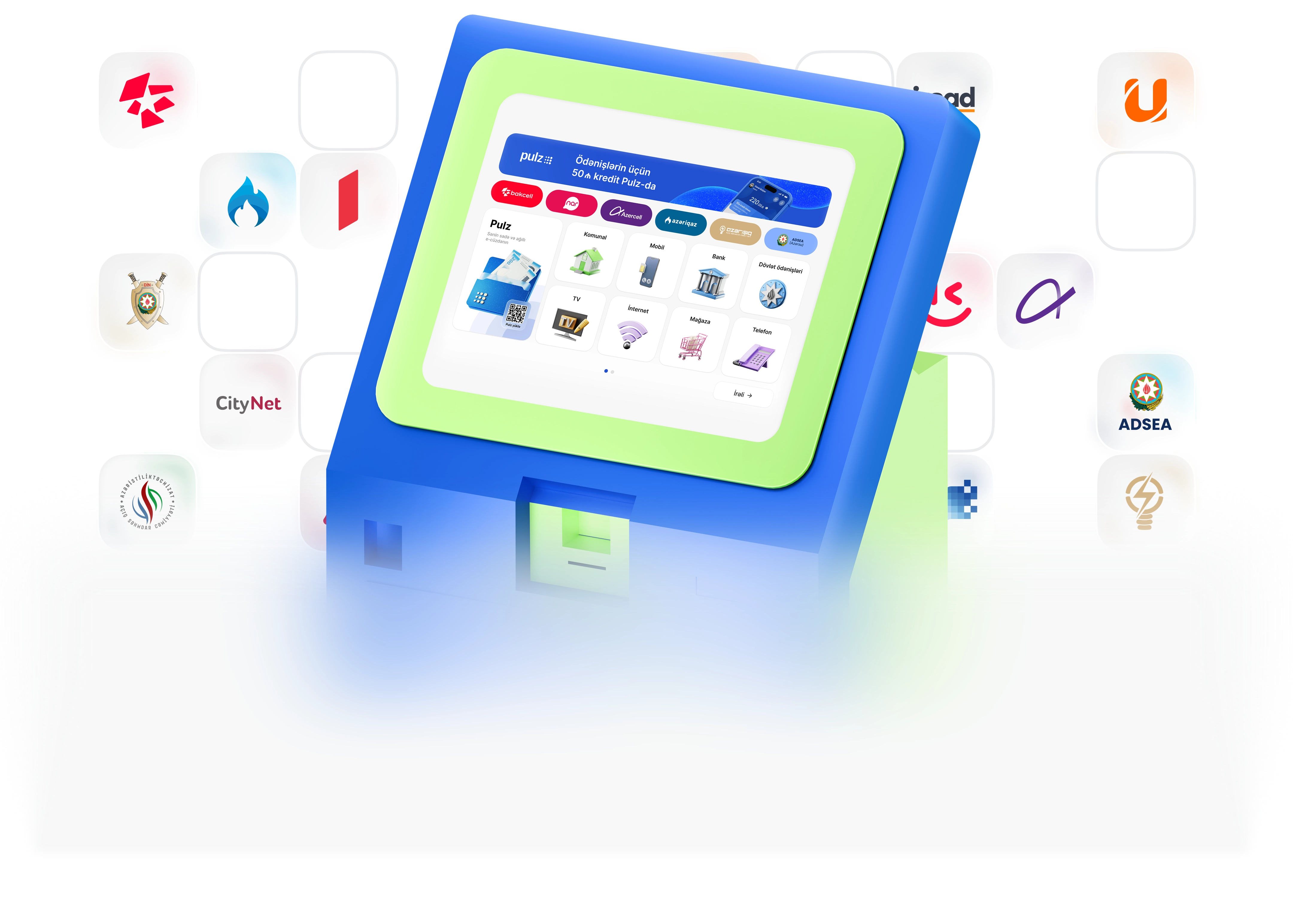 Pulz ödəniş terminal aparatı – kommunal, mobil, internet və digər xidmətlərin ödənişi üçün istifadə olunan aparat, arxa planda xidmət loqoları ilə